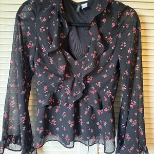 Black Sheer Long Sleeve V-neck Floral Ruffle Peplum Blouse  - Divided H&M XXS